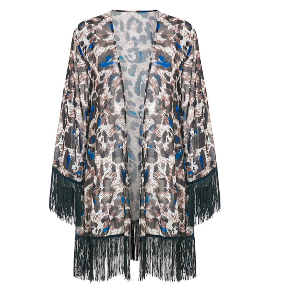Cheetah Swimwear Coverup Kimono with Tassels - Picture 4 of 10